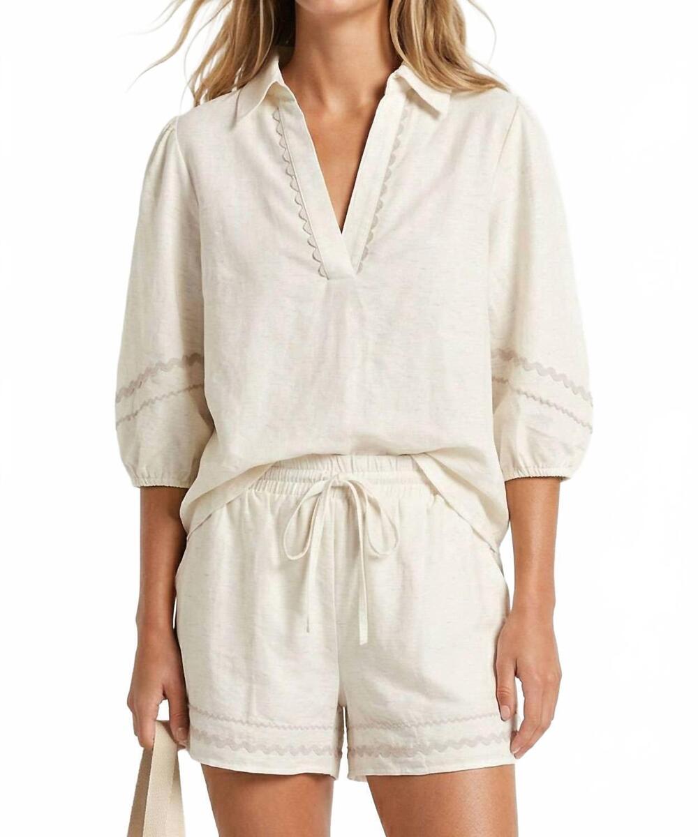 NEW NAKED ZEBRA contrast trim puff sleeve linen blouse in off white